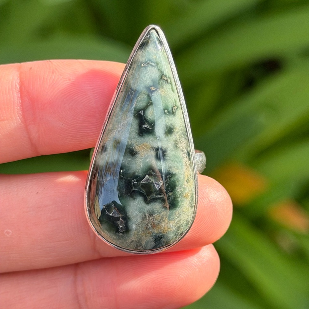 Size 9.75 925 silver plated green ocean jasper ring 0871